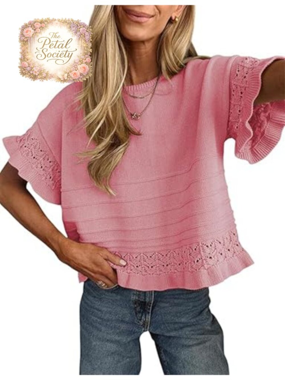 Short Sleeve Ruffle Hem Knit Crochet Pullover Sweater